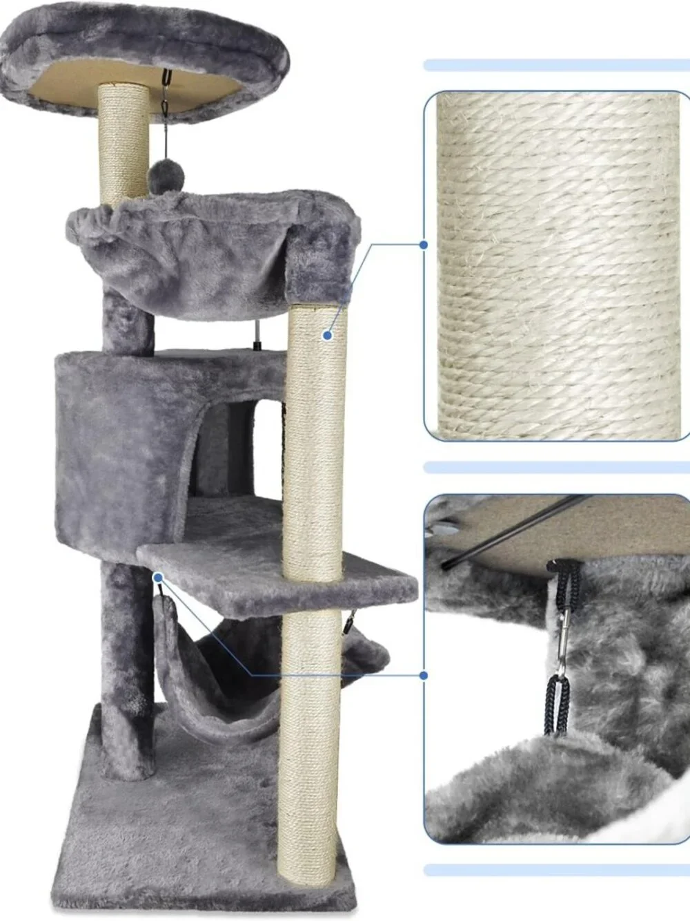 Cozy Cat Tree with Condo & Large Hammock - Grey, Perfect for Play & Relaxation